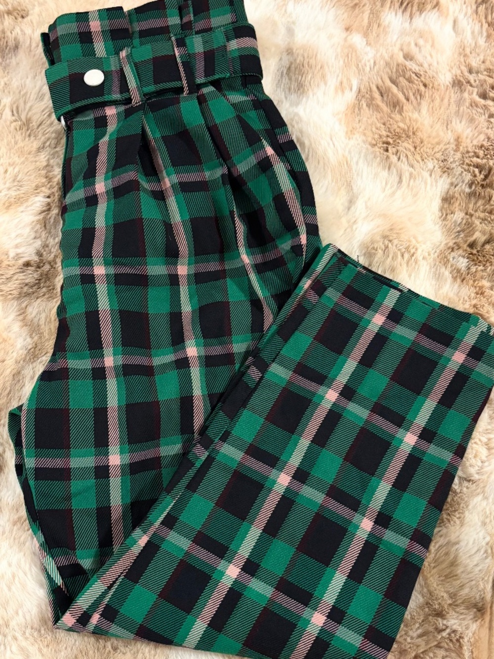 Topshop Paper Bag Plaid Pants Green/Pink/Black Belted Pockets Sz 6